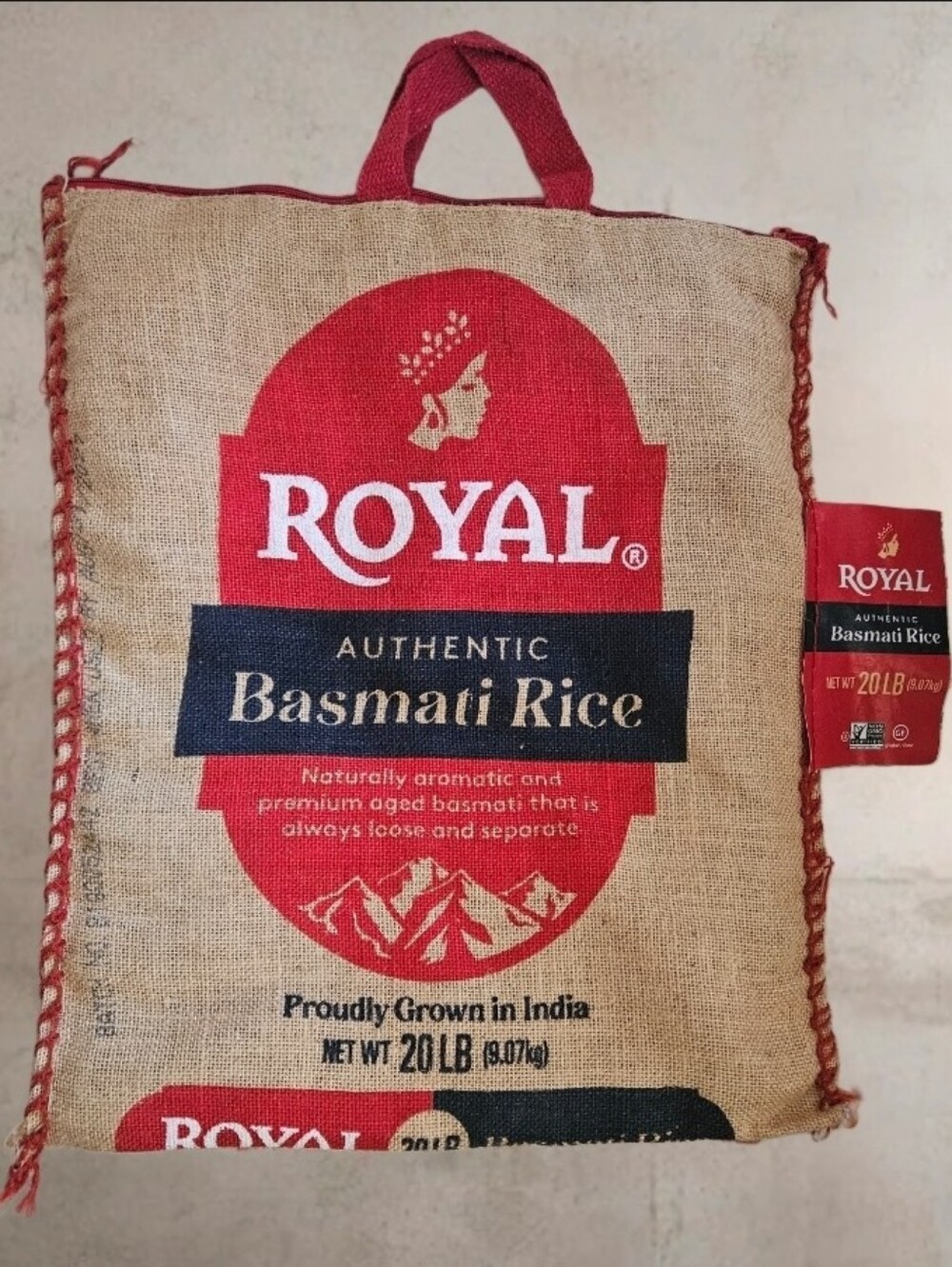 BURLAP ROYAL BASMATI RICE SAC SHOPPER TOTE BAG, ZIP CLOSE, HANDLES, 20 Lbs Bag
